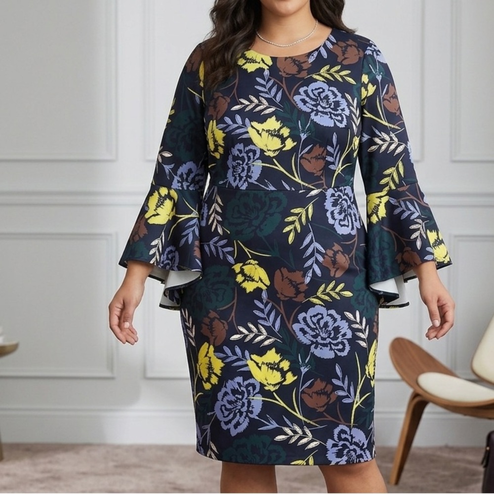 Eloquii floral bell sleeve stretchy colorful midi dress